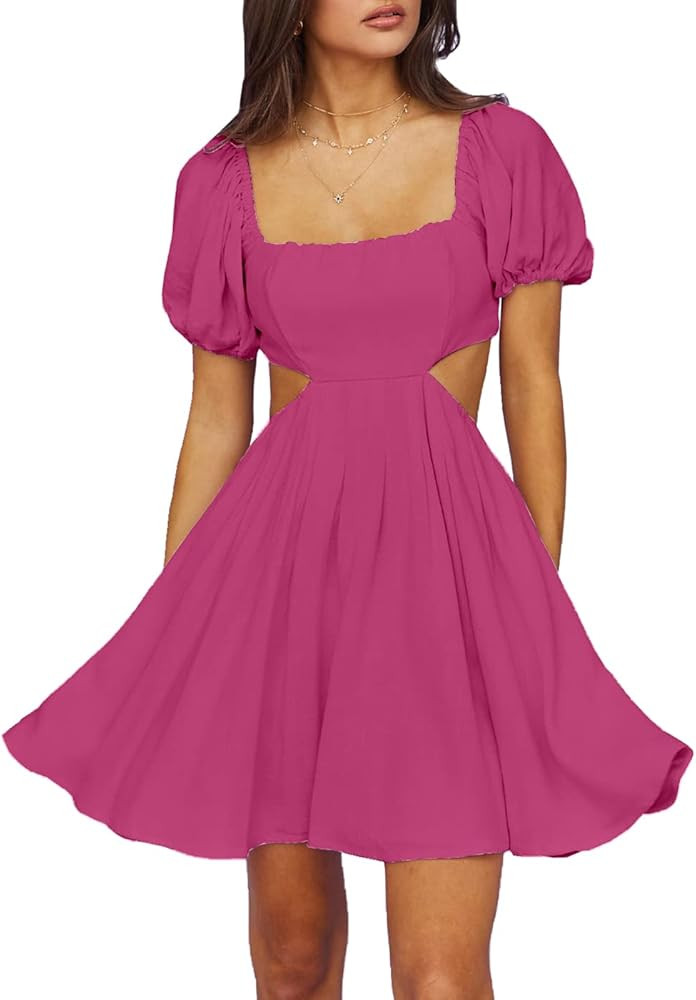 PffLook Women's Solid Bow Spaghetti Strap Patchwork Ruffle Loose Mini Dress | Amazon (US)