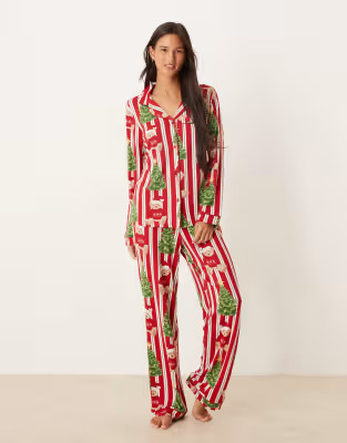 Chelsea Peers His & Hers poly long sleeve revere pyjama set in Christmas Teddy stripe print | ASOS (Global)