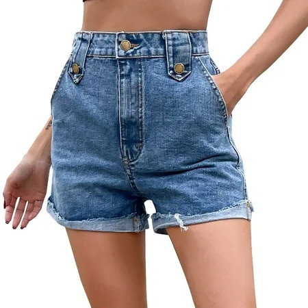 YWDJ Womens Shorts Denim Jeans Fashion Middle-waisted Straight Pocket Hole Short Pants Blue XS | Walmart (US)