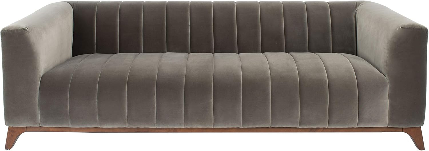 Safavieh Couture Home Collection Dixie Dark Grey Velvet and Walnut Channel Tufted Sofa | Amazon (US)