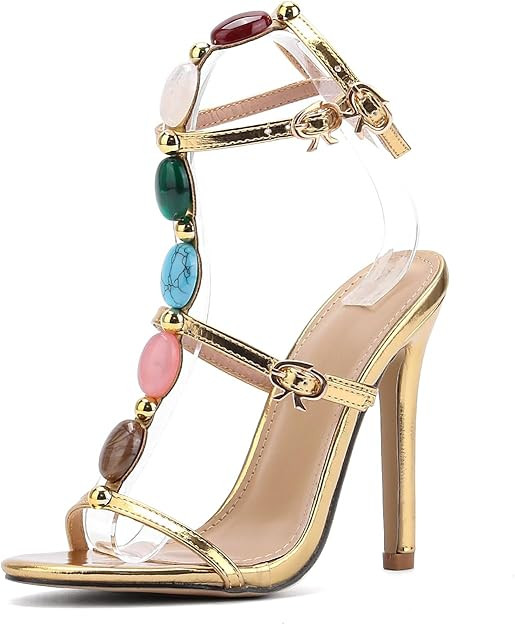 Kluolandi Women's Jewelled Ankle Strap Stiletto Heels Open Toe Strappy Gladiator Heeled Sandals f... | Amazon (US)