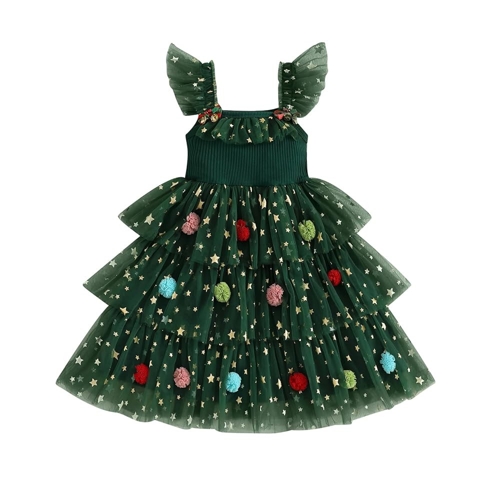 Toddler Christmas Dress Xmas Tree Glitter Star Pompom Embroidery Tulle Tiered Twirl Holiday Dress... | Amazon (US)