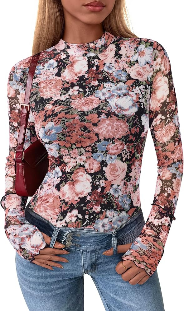 PRETTYGARDEN Women's Long Sleeve Going Out Tops 2026 Spring Y2K Clothes Mesh Floral Fitted Shirts... | Amazon (US)