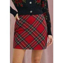 Red Tartan Wool-Blend Mini Bud Skirt | Chicwish