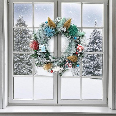 Christmas Wreath with Mini Tree & House, Large 24-Inch Artificial Village Wreath for Front Door, Indoor Outdoor, Wall & Window Decoration | Target