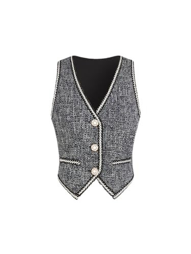 CIDER Tweed V-neck Solid Button Crop Vest: Dark Navy, L | Amazon (US)