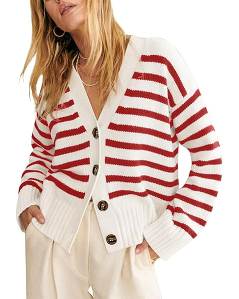 Saodimallsu Womens Striped Cardigan Sweaters V Neck Button Down Long Sleeve Open Front Ribbed Kni... | Amazon (US)