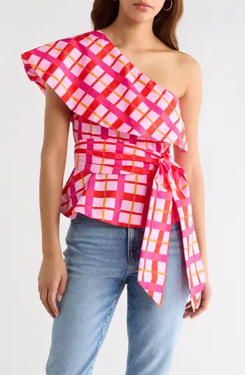 Darvy Plaid One-Shoulder Cotton Top | Nordstrom