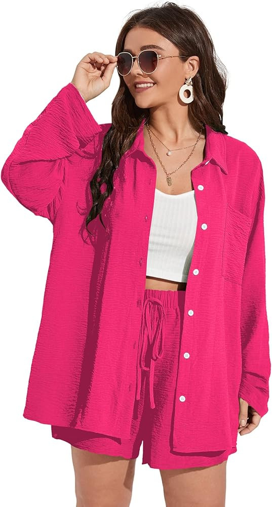 MakeMeChic Women's Plus Size Casual 2 Piece Outfits Long Sleeve Button Down Blouse and Shorts Set | Amazon (US)