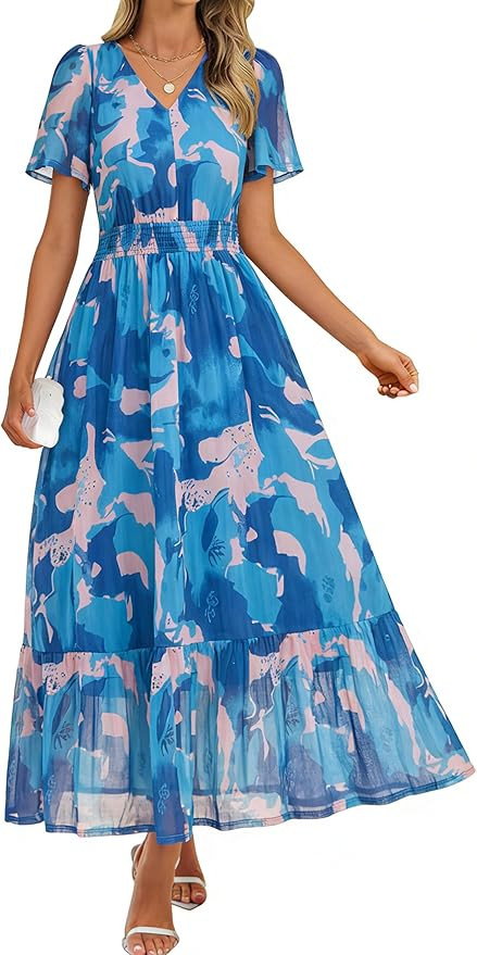 Simplee Womens Summer Floral Maxi Dress Boho Wedding Guest Long Dress Short Sleeve V Neck Vacatio... | Amazon (US)