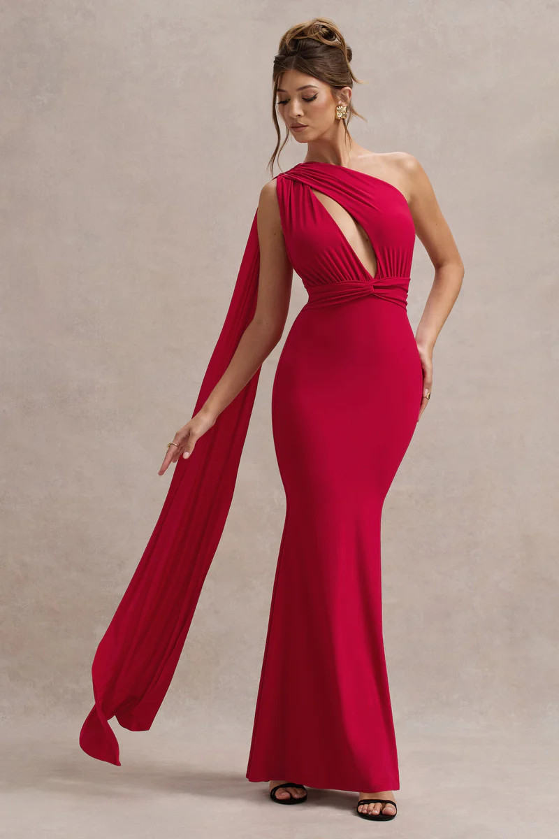 Elaina  Red Asymmetric Knot Maxi Dress With Sash | Club L London
