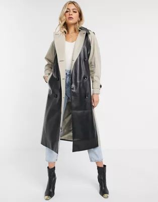 ASOS DESIGN leather look paneled trench coat in stone | ASOS US