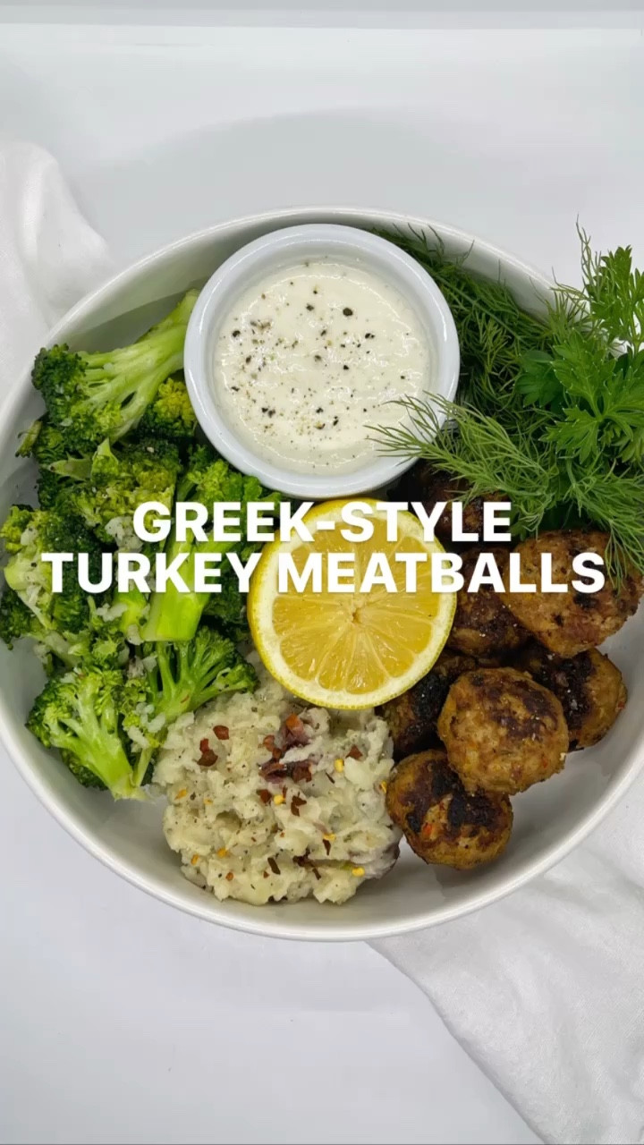GREEK-STYLE TURKEY MEATBALLS 
2 pounds @butterballturkey ground turkey meat 
3 red mini sweet peppers, stem/seeds removed
1/2 red onion
10 garlic cloves 
1/4 cup @athenosfeta crumbles
1 sprig of fresh dill
1 sprig of fresh parsley 
2 eggs
1 cup breadcrumbs 
1 tbsp cracked black pepper
1 tbsp salt
1 tbsp garlic powder 
Olive oil 

DIRECTIONS 
1. Add the meat to a large bowl. 
2. In a food processor combine peppers, onion, garlic, feta, dill and parsley. Pulse until everything is finely minced then pour over the meat. 
3. Add eggs, breadcrumbs and seasoning. 
4. Mix and roll into meatballs (about 3 tbsp measurements) you should get about 30 meatballs. 
5. Add olive oil to a large pan on medium heat.  Slowly add meatballs (do in batches) and cook until the meatballs are crisp and fully cooked inside. Make sure to rotate so all areas of the meatballs are cooked evenly. 

WHIPPED FETA DRIZZLE 
1/2 cup @chobani Greek yogurt
1/2 cup @athenosfeta crumbles 
1/2 of a lemon (juice only)
2 cloves garlic
1/4 tsp salt
1/2 tsp cracked black pepper 

DIRECTIONS 
1. Combine yogurt, feta, lemon juice, garlic and seasoning into a food processor and pulse until smooth. 

Kitchen utensils, pots and pans, Pyrex bowls, white ramekins, bowls 

#LTKunder100 #LTKhome #LTKunder50