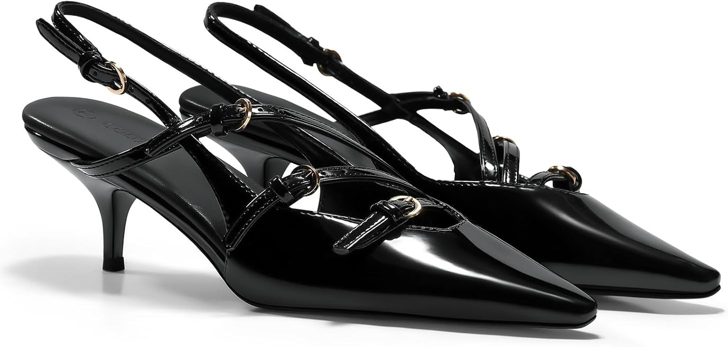 Coutgo Slingback Kitten Heels for Women Low Heel Closed Pointed Toe Buckle Strap Pumps Shoes | Amazon (US)