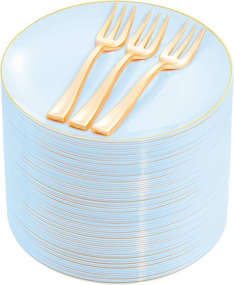 Festiva 200Pcs Blue Gold Cake Plates 6.3" with Plastic Forks 5"- Disposable Blue Dessert/Appetize... | Amazon (US)