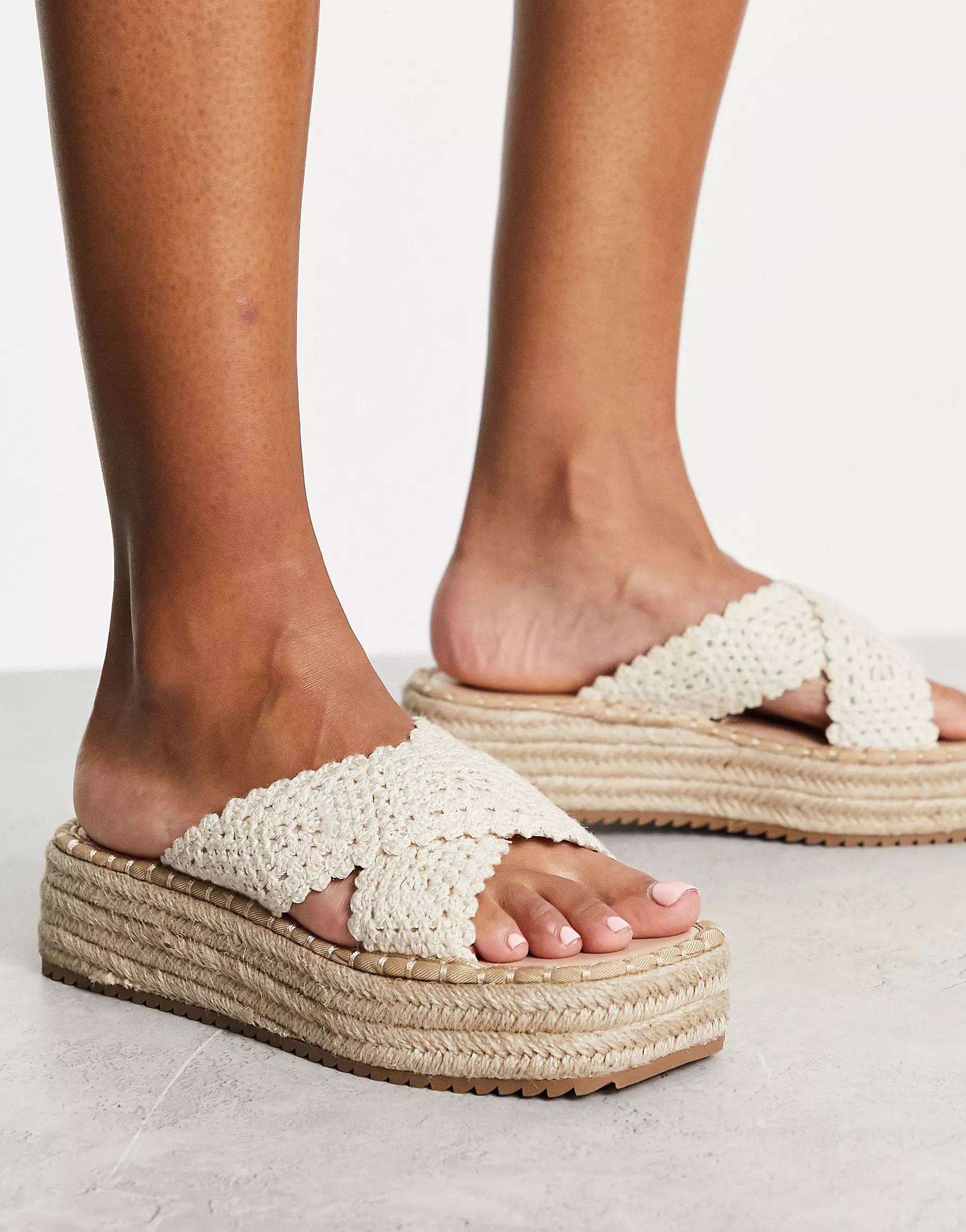 ASOS DESIGN Jazlyn flatform crochet mules in natural | ASOS (Global)