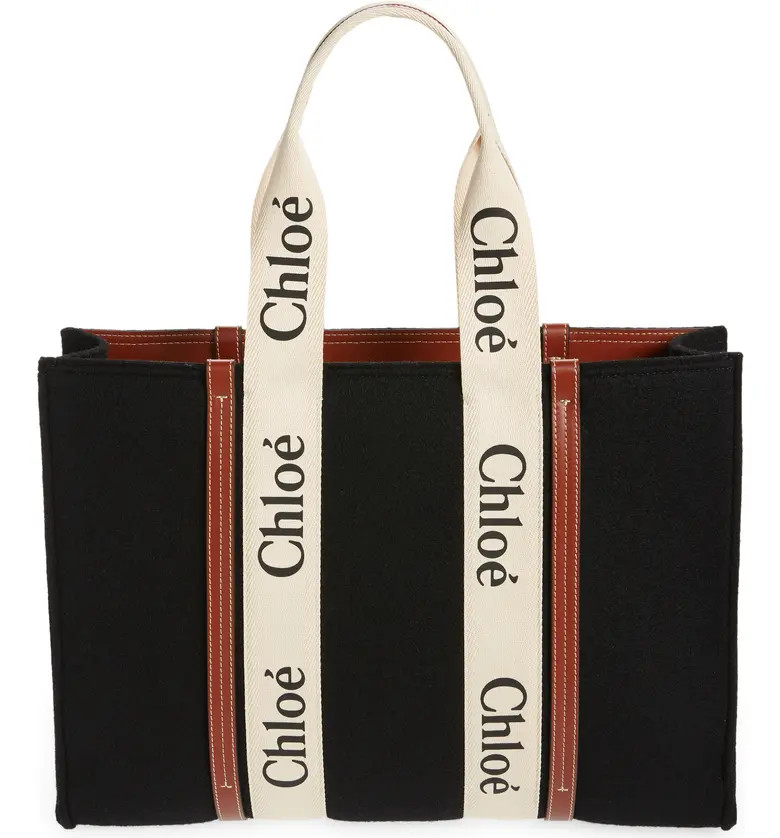 Chloé Large Woody Logo Strap Stripe Recycled Wool Tote | Nordstrom | Nordstrom