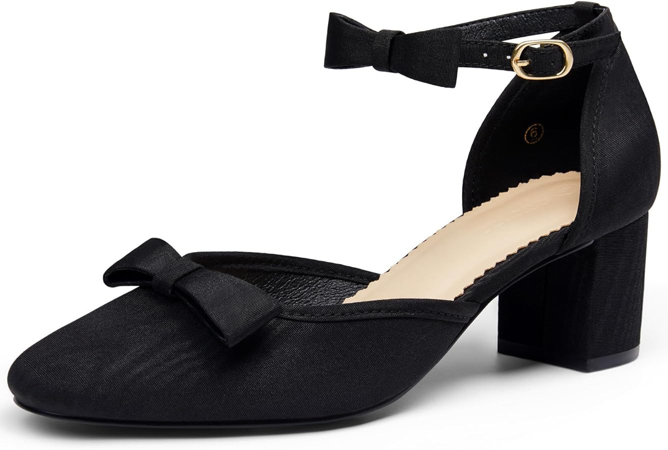 Coutgo Womens Chunky Low Heels Bow Closed Toe Ankle Strap Pumps Elegant Wedding Party Dress Shoes | Amazon (US)