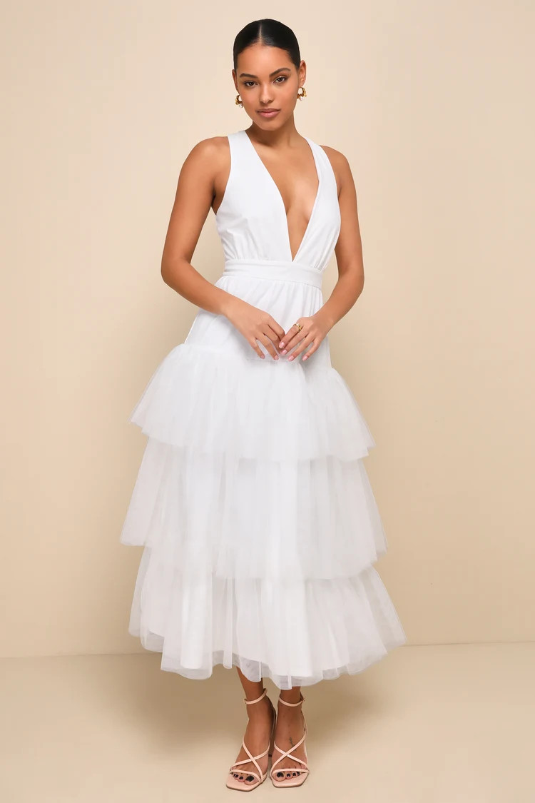 Tier-ly Divine White Tulle V-Neck Tiered Maxi Dress White Maxi Dress White Outfit White Outfits | Lulus