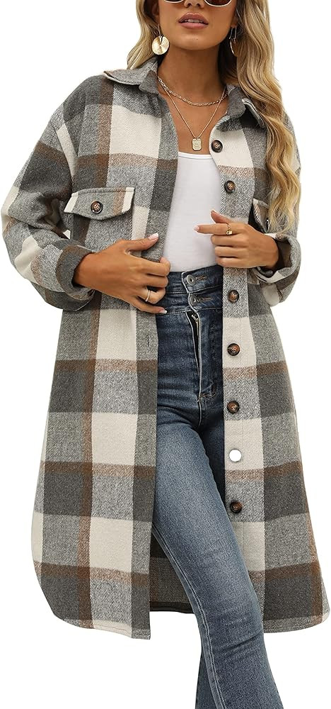 SeekMe Women's Long Plaid Shirt Jacket Shacket Lapel Button Down Woolen Blend Casual Tartan Over ... | Amazon (US)