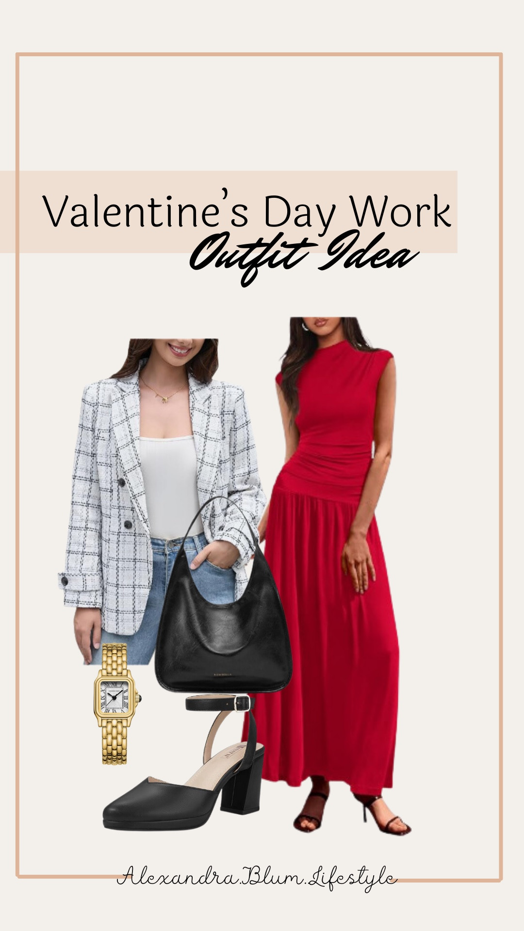 Work wear business outfit day outfit idea from Amazon! Valentine’s Day outfit! Date night idea! Red maxi dress, tweed blazer, black heels, black handbag, and gold watch! Office outfit! Amazon fashion! Amazon trends! 

#LTKStyleTip #LTKWorkwear #LTKShoeCrush