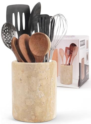 SPESHSTONES Marble Utensil Holder 6.5 Inch Travertine Utensil Caddy, Wooden Cooking Utensils Set & Spatula Organizer for Kitchen Counter Decor, Stone Crock for Spoon Holder & Farmhouse Decor | Amazon (US)