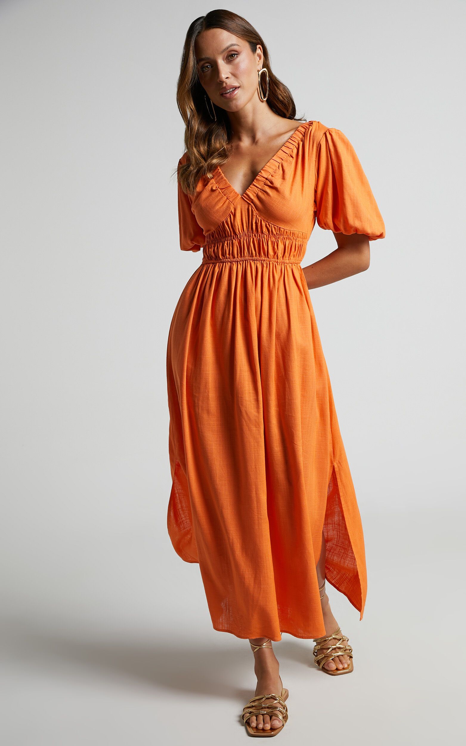 Lorella Midi Dress - Puff Sleeve Plunge Neck Dress in Orange | Showpo (US, UK & Europe)