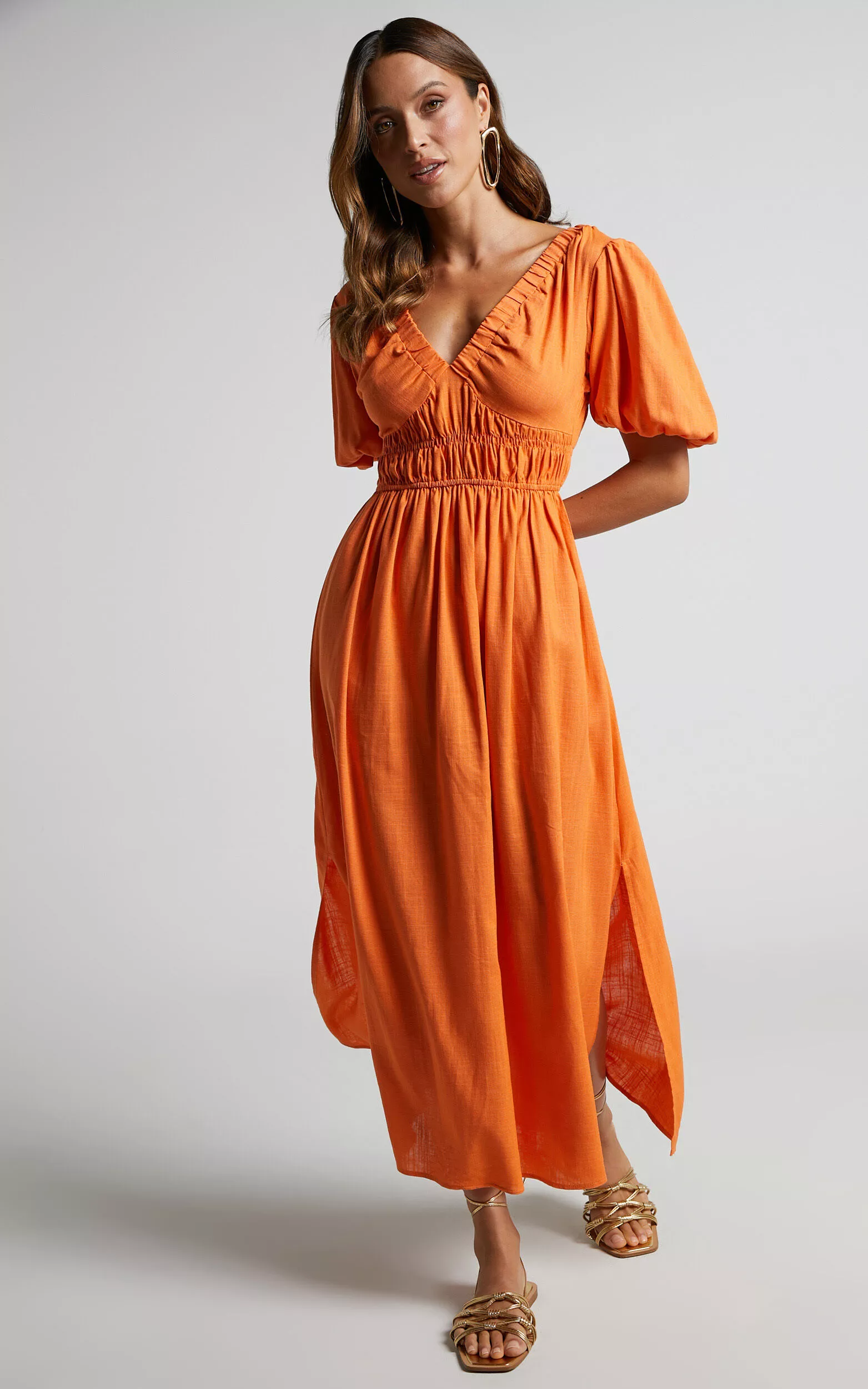 Levona Midi Dress - Ruffle Shoulder Tiered Dress in Orange