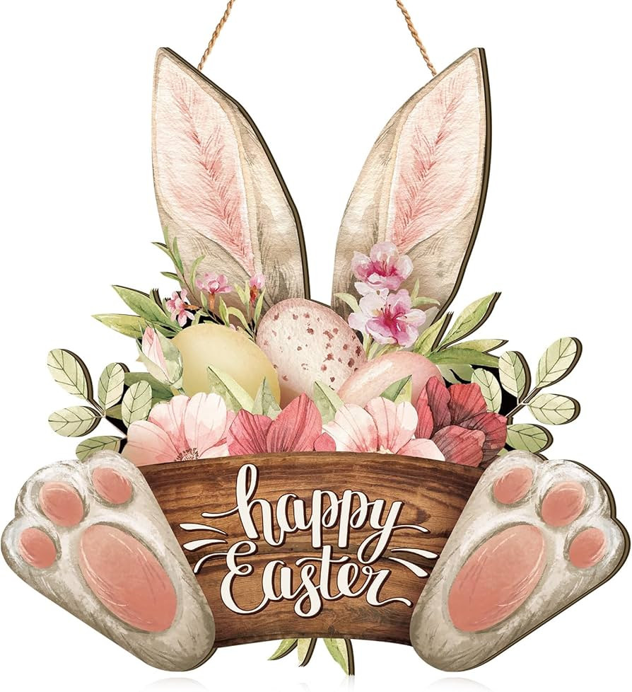 Barydat 1 Pcs Easter Wreaths for Front Door Bunny Welcome Wood Sign Door Hanger Spring Decoration... | Amazon (US)