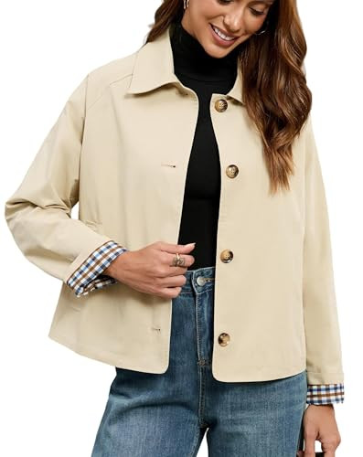 Womens Cropped Trench Coat Single Breasted Classic Lapel Overcoat Plaid Lined Oversized Outerwear | Amazon (US)