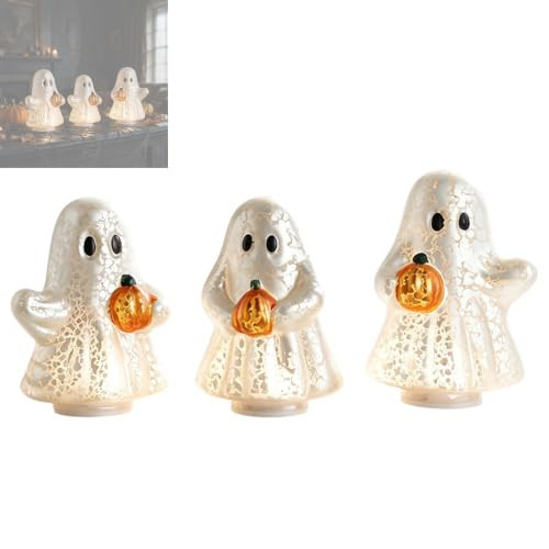 Set of 3 Illuminated Mercury Glass Ghosts, LED Halloween Ghost Decorations, Cute Ghost Figurines Holding Pumpkins, Indoor Mantel Shelf Centerpiece for Fall Party Home Decoration (1 Set) | Amazon (US)