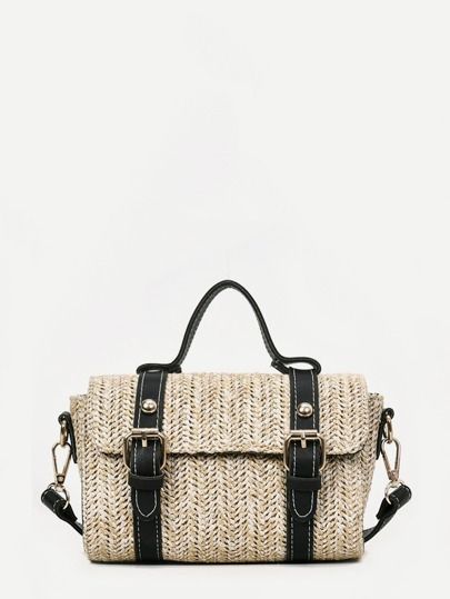 Double Buckle Woven Straw Bag | SHEIN