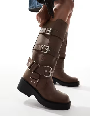 ASOS DESIGN Captain multi-buckle biker knee boots in brown | ASOS (Global)