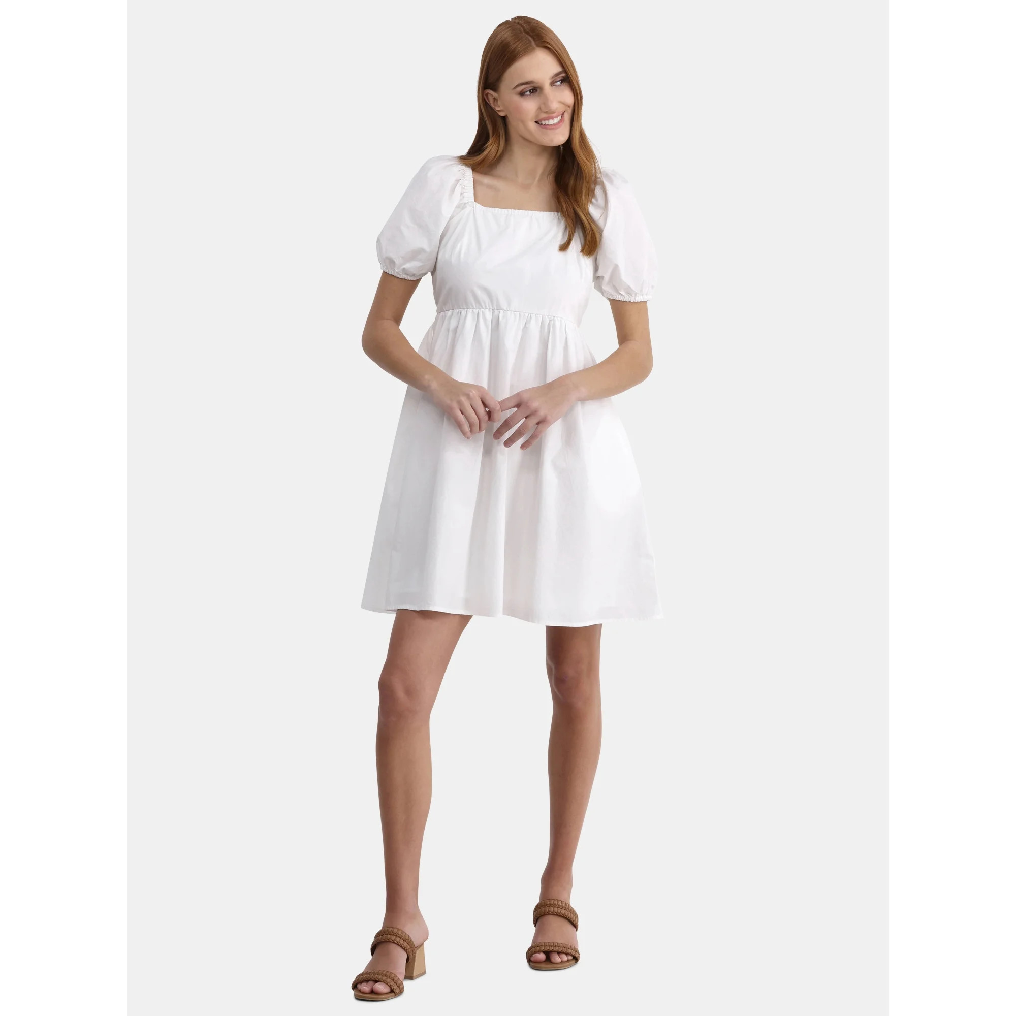 Time and Tru Women's and Women's Plus Tie Back Mini Dress with Puff Sleeves, Sizes XS-4X | Walmart (US)