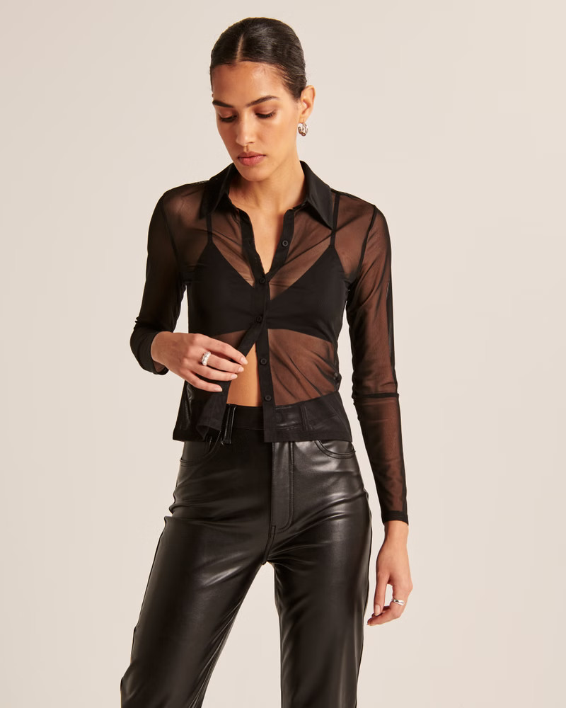 Long-Sleeve Mesh Button-Through Shirt | Abercrombie & Fitch (US)