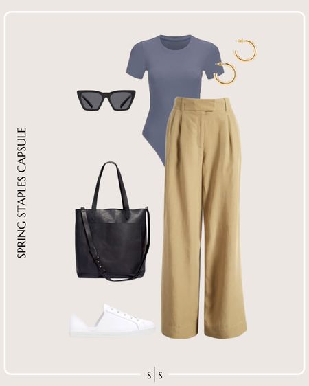 Spring Staples Capsule Wardrobe outfit idea | bodysuit, neutral trousers, white sneakers, tote bag, sunglasses, gold jewelry hoops

See the entire staples capsule on thesarahstories.com ✨ 


#LTKstyletip