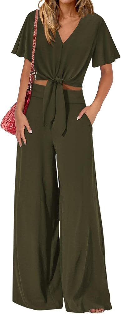 PRETTYGARDEN Women 2 Piece Summer Outfits Short Sleeve Strappy Top Wide Leg Pants Tracksuit Loung... | Amazon (US)