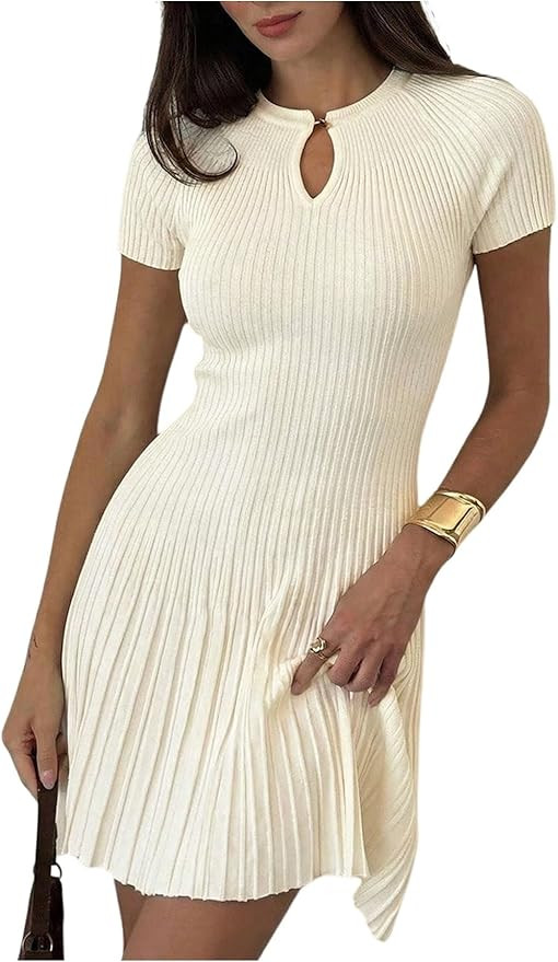SOLY HUX Women's Summer Knit Dress Crew Neck Short Sleeve Pleated A Line Flowy Casual Mini Dresse... | Amazon (US)