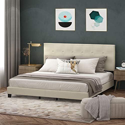 Furinno Laval Button Tufted Upholstered Platform Bed Frame, King, Linen | Amazon (US)