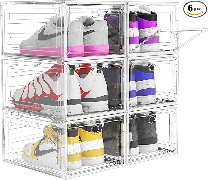 Upgrade Harder Solid Plastic Shoe Organizer, Shoe Storage with Magnetic Front Door, Shoe Rack 6 P... | Amazon (US)