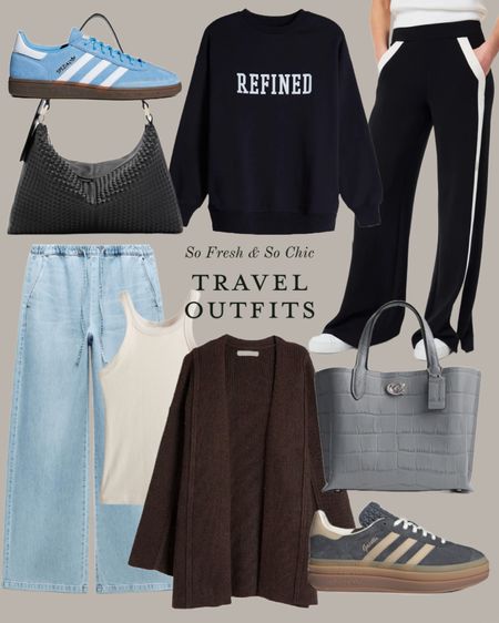 Comfortable and chic travel outfits!
-
Travel outfit inspiration - wide leg drawstring jeans - travel fashion - all saints studded leather hobo - adidas speziale light blue - spanx track pants black with white stripe track pants - grey leather coach tote - grey and cream adidas gazelle bold - brown oversized knit cardigan - cream tank top H&M - refined sweatshirt oak and fort - minimalist travel outfit - comfortable travel outfit - work from home outfit - work outfit 

#LTKtravel #LTKshoecrush #LTKstyletip