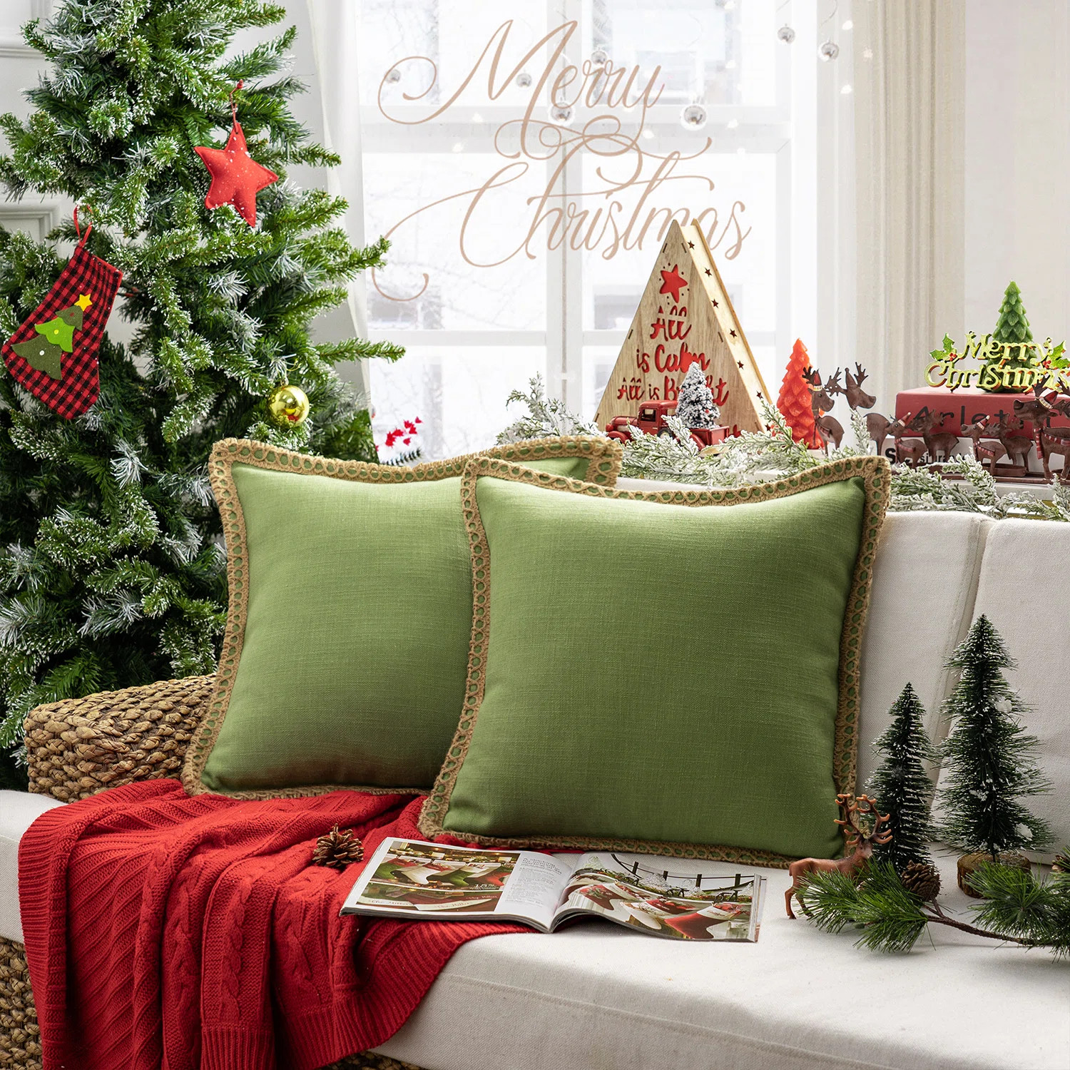 Chrismas Linen Edge Collection Embroidered Linen Reversible Throw Pillow (Set of 2) | Wayfair North America