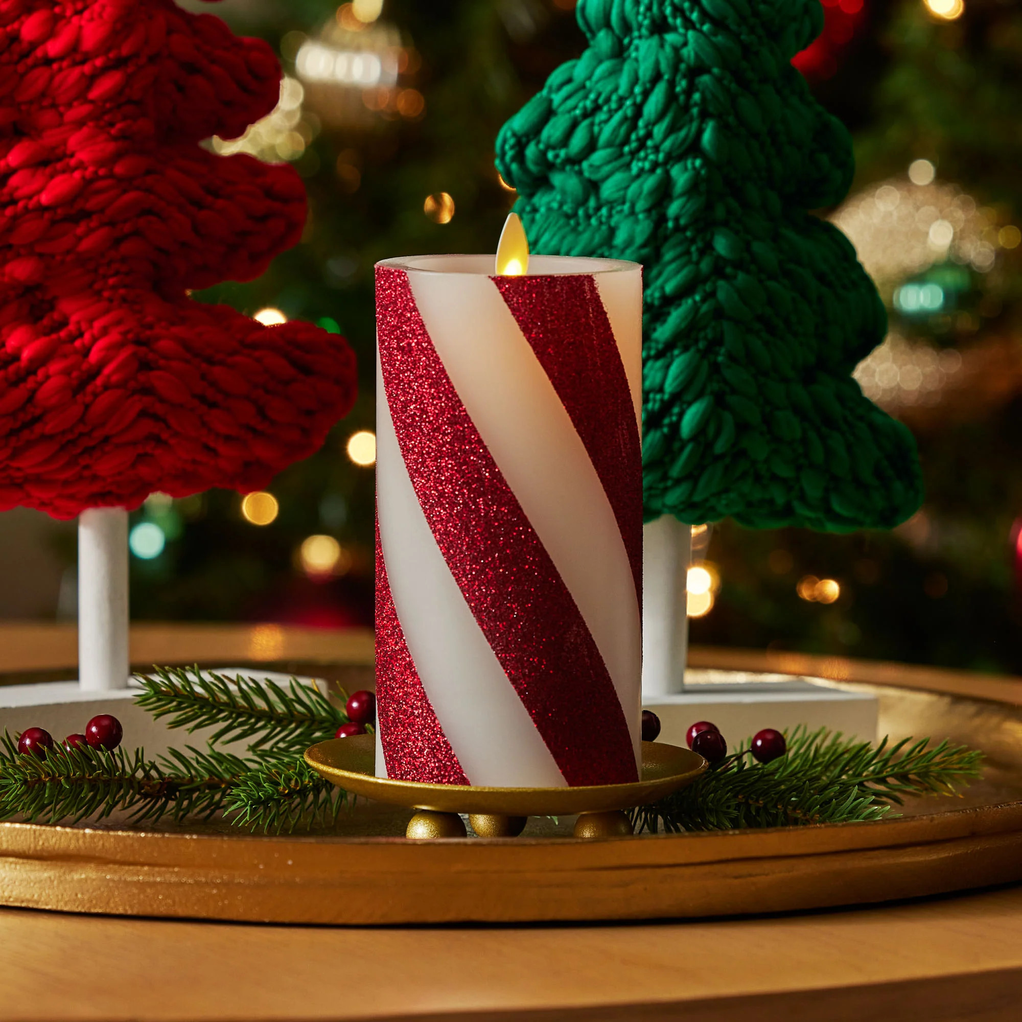 Red Candy Cane Wide Glitter Stripe White Flameless Candle Pillar | Luminara