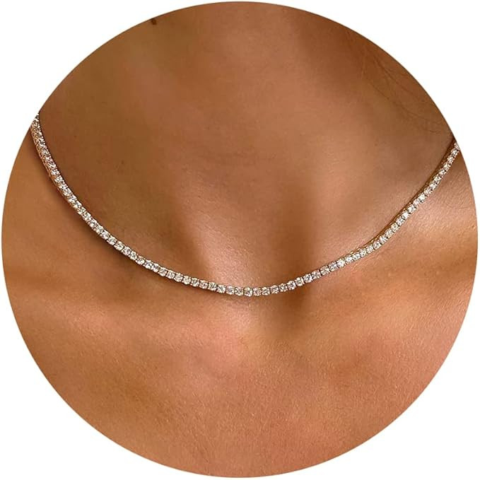 Tewiky Tennis Necklace 14K Gold Plated/Silver Sparking Rhinestone Choker Necklaces Dainty Crystal... | Amazon (US)