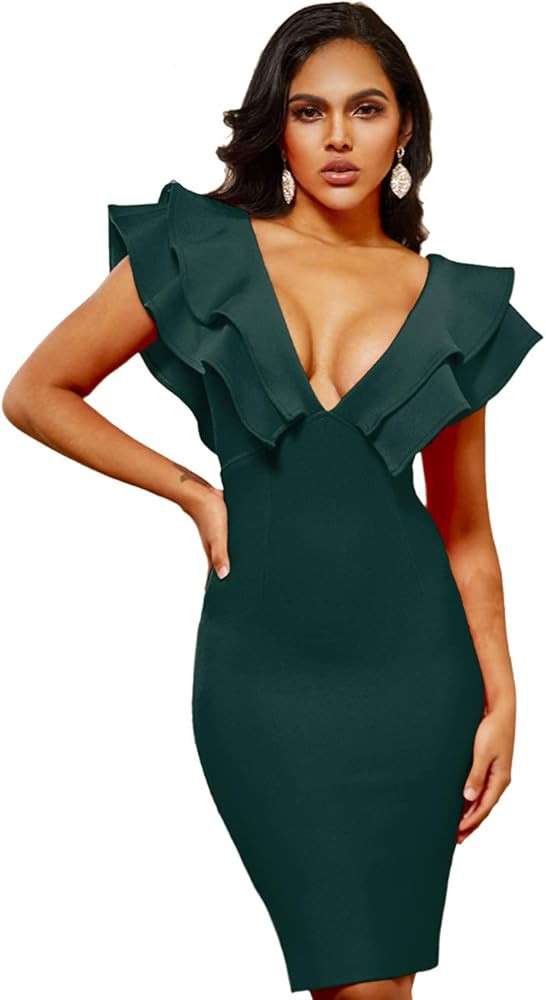 whoinshop Women's Bandage Club V Neck Ruffle Bodycon Cocktial Party Dress | Amazon (US)