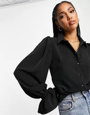 ASOS DESIGN volume sleeved soft shirt with ruffle cuffs in black | ASOS (Global)