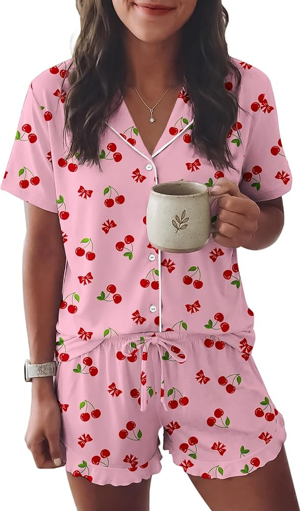 Ekouaer Womens Pajama Sets Button Down Short Sleeve Top and Shorts Cute Ruffled Pjs Sets Sleepwea... | Amazon (US)