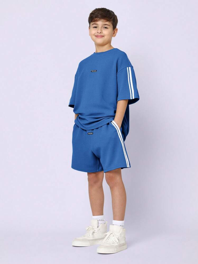 SUMWON Sporty Tween Boys Athletic Tracksuit Set Two-Piece Sweatshirt Shorts Outfit Casual Athletic Training Wear Spring Summer Wear Matching Set Comfortable Streetwear Youth Performance Outfit Vacation | SHEIN