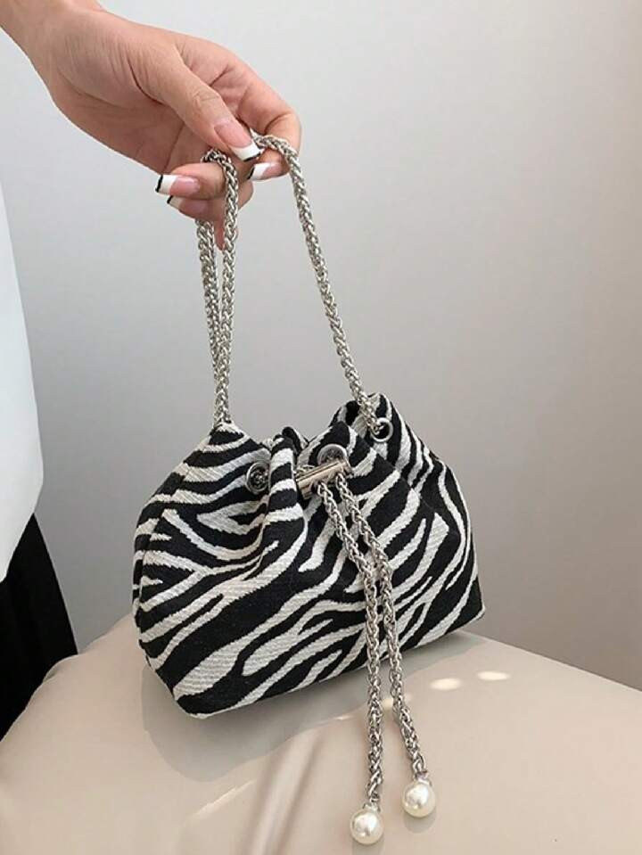 Small Bucket Bag Zebra Striped Pattern Drawstring Design Pearl Decor | SHEIN