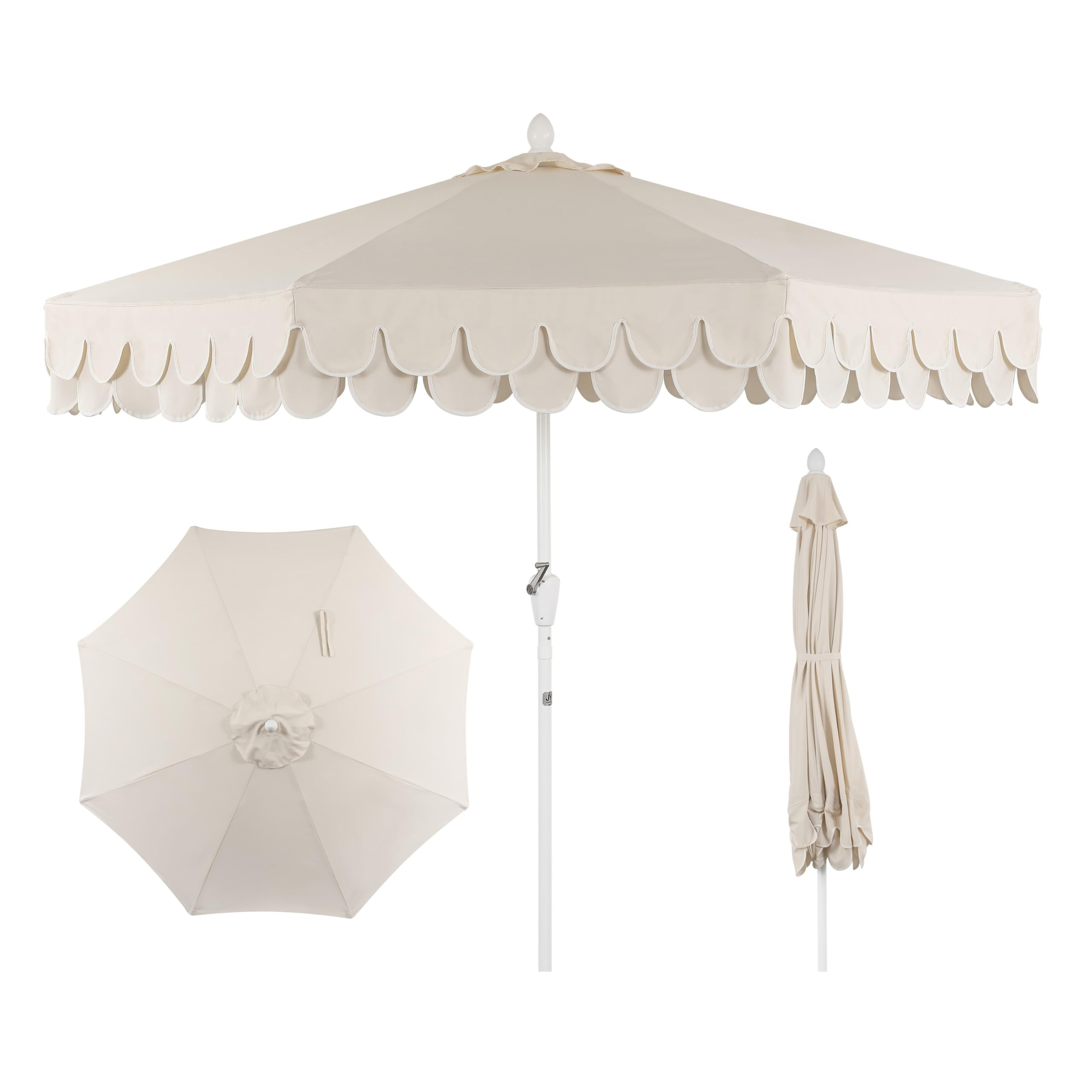 JONATHAN Y UMB1002C Tracy 9 ft. Classic MidCentury Scalloped Fringe Market Patio Umbrella with Auto-Tilt, Crank, Wind Vent and UV Protection in Cream/White | Amazon (US)